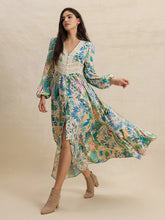 Slit Printed V-Neck Long Sleeve Midi Dress Multicolor OutfitFlow